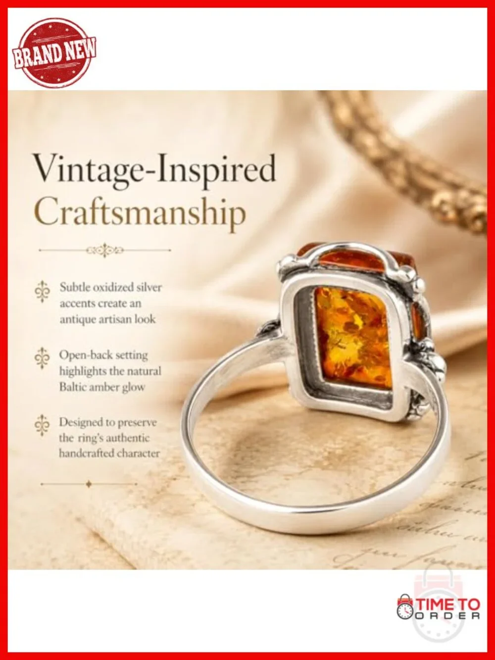Sterling Silver & Real Baltic Amber Rectangle Ring